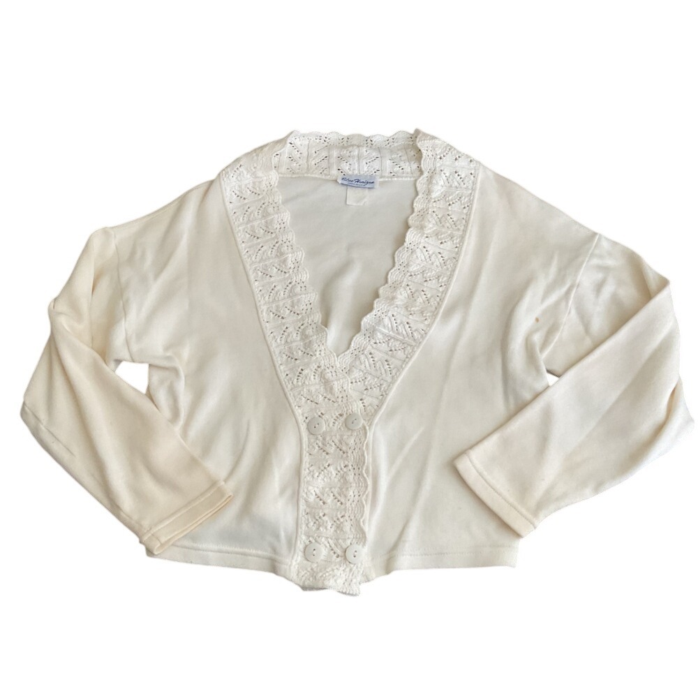 Blue Horizon Women Cream Crochet Lace Trim Cardigan‎ Knit Button Front USA made